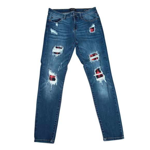 Judy Blue Buffalo Plaid Patch Skinny Jeans JB8268DK Ripped Distressed Size 11/30 - Picture 1 of 4